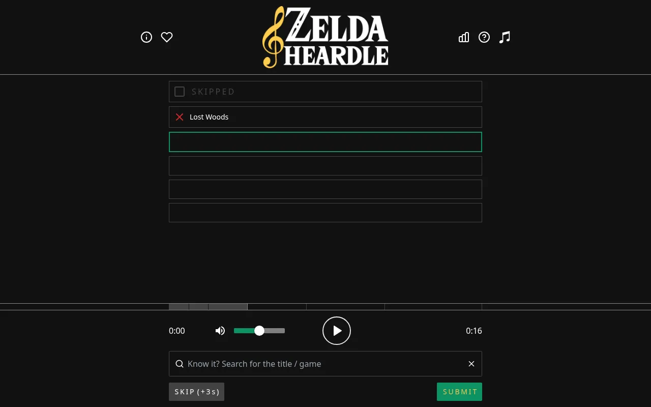 Zelda Heardle's daily board: one skipped row, a wrong guess of Lost Woods marked with a red cross, four empty rows, the clip bar and the play button above the search box
