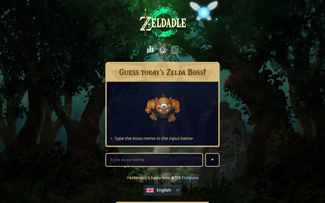 Zeldadle Boss mode: today's boss, a one-eyed orange ogre, above the boss name box, with yesterday's boss #703 Frostare below