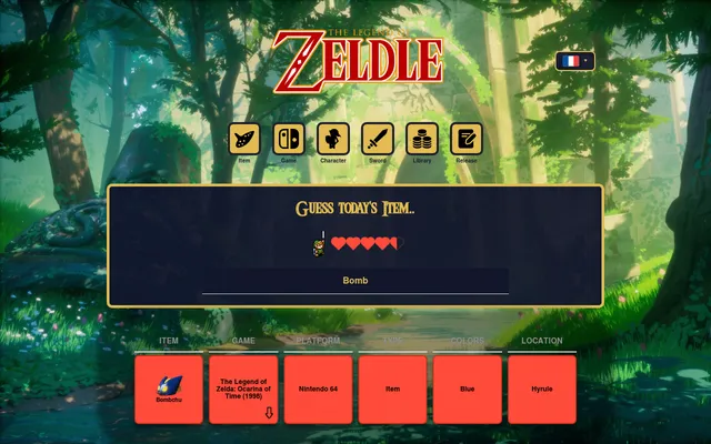 Zeldle's item mode on a desktop: a guessed Bombchu row with game, platform, type, colour and location clues in red under the hearts