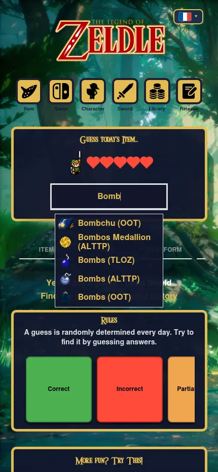 Zeldle's item mode on a phone, with the search list showing Bombchu, Bombos Medallion and Bombs items