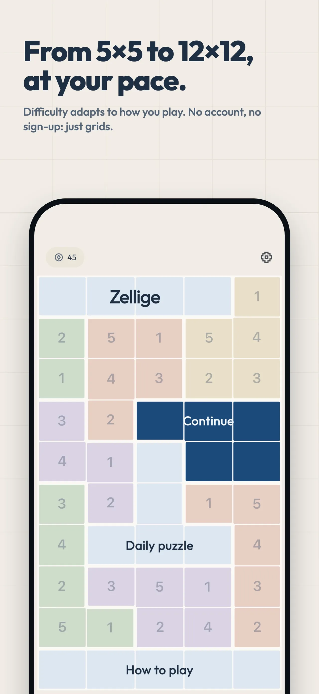 Zellige home screen laid out as tiles, with Continue, Daily puzzle and How to play buttons