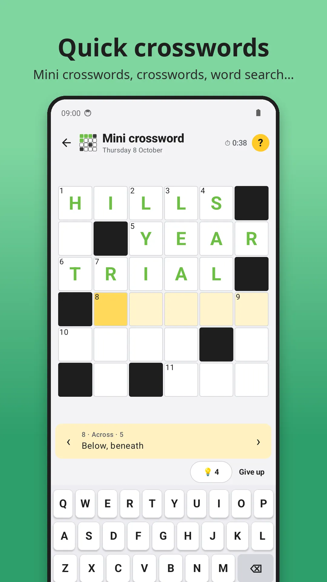 A Zénigme mini crossword half filled in, with the clue Below, beneath for 8 Across