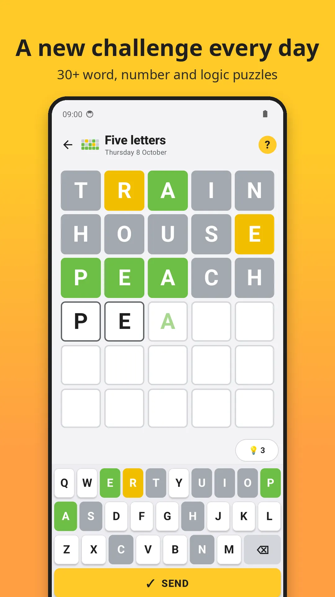 Zénigme's Five letters game mid-play, with three guesses coloured green, yellow and grey above the keyboard