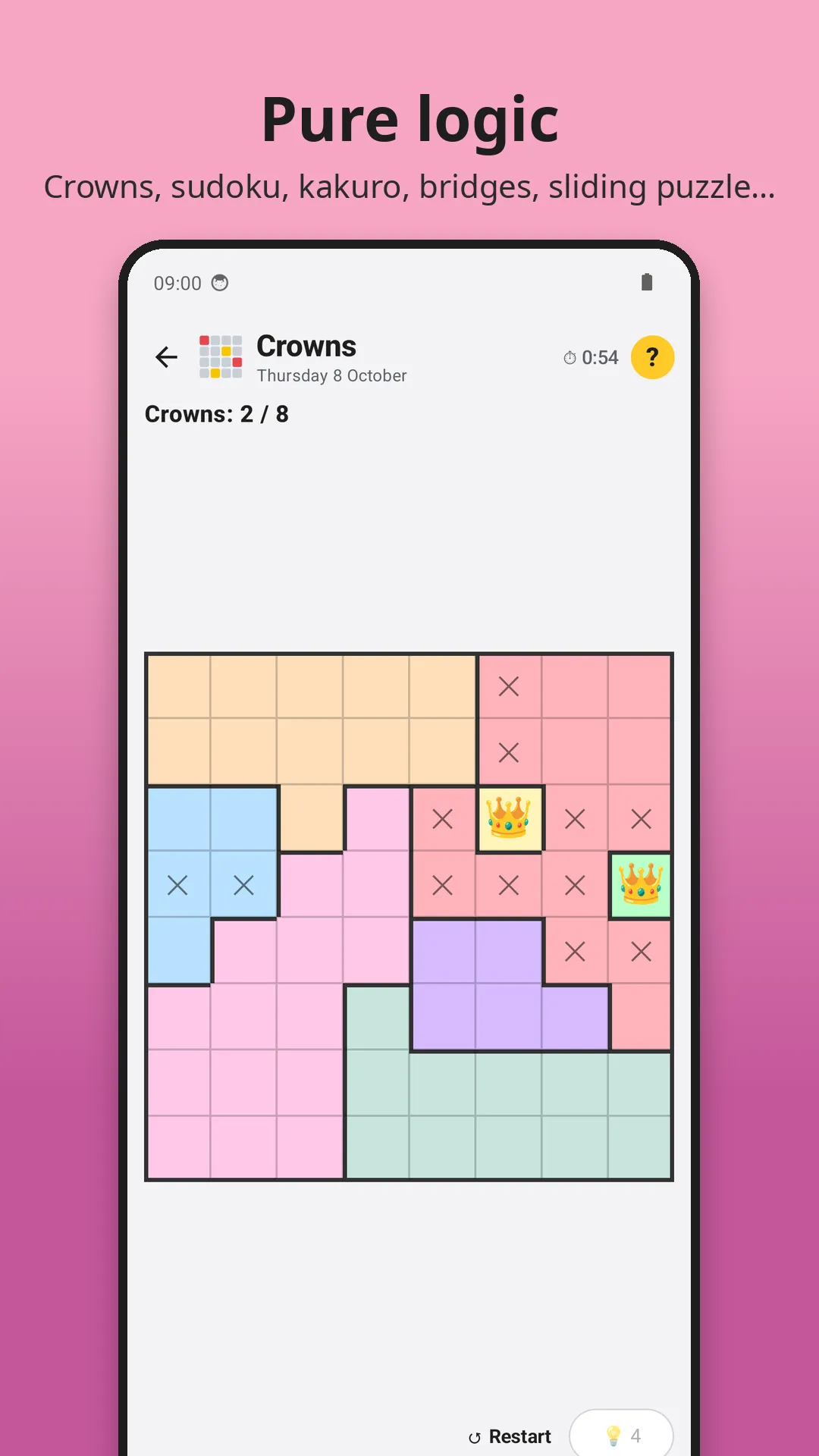 Zénigme's Crowns grid of colour zones with two crowns placed and crossed-out cells