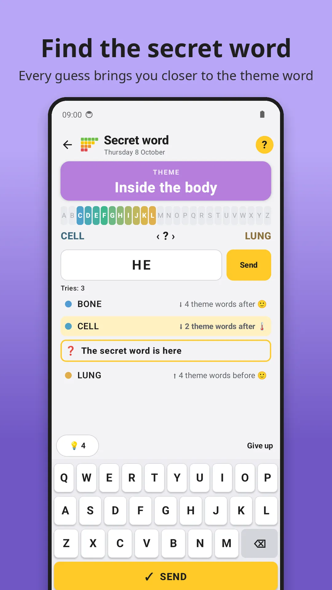 Zénigme's Secret word game on the theme Inside the body, with the answer narrowed between CELL and LUNG