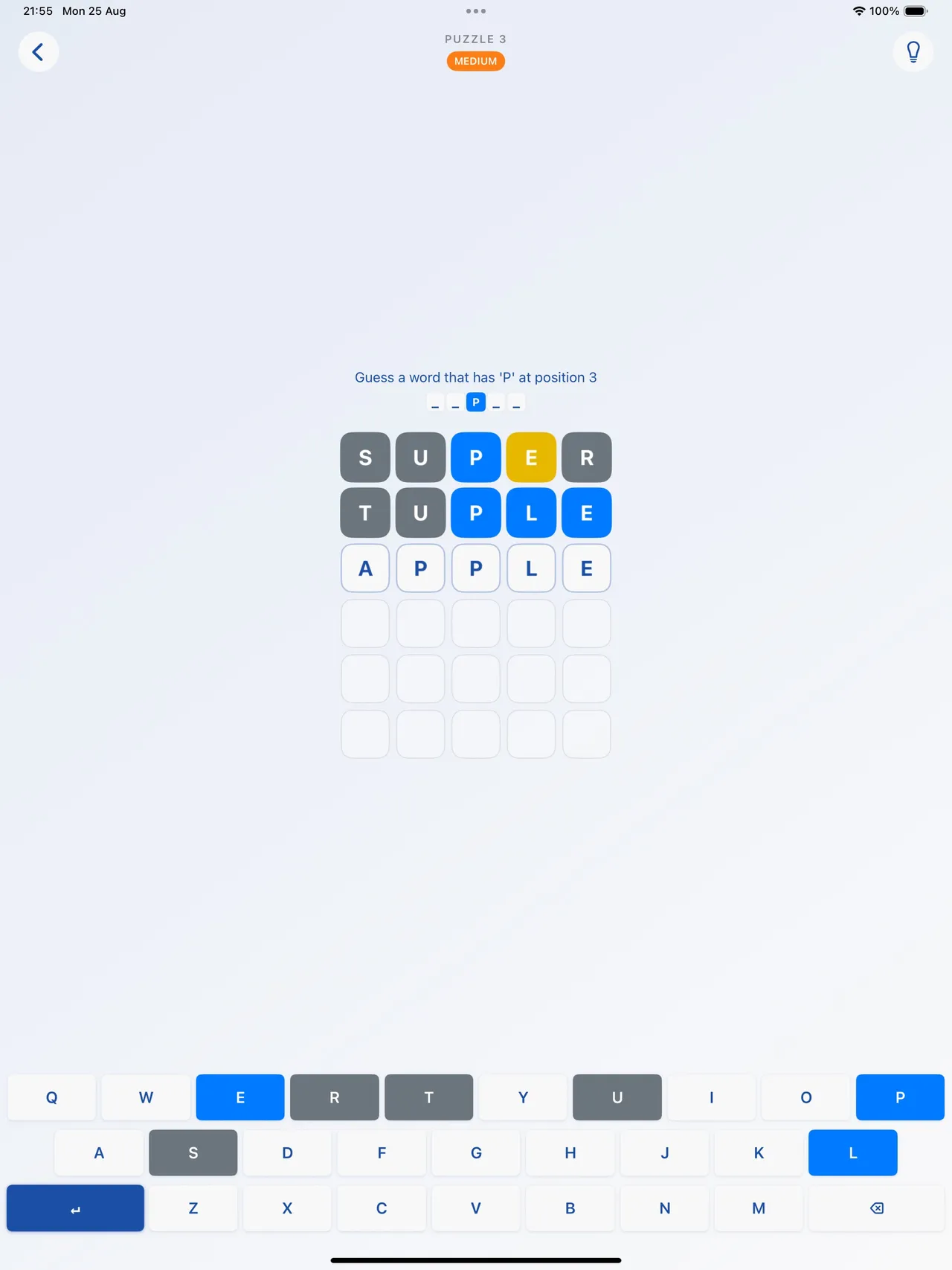 Zestle on iPad: a medium puzzle requiring P as the third letter, with guesses SUPER, TUPLE and APPLE