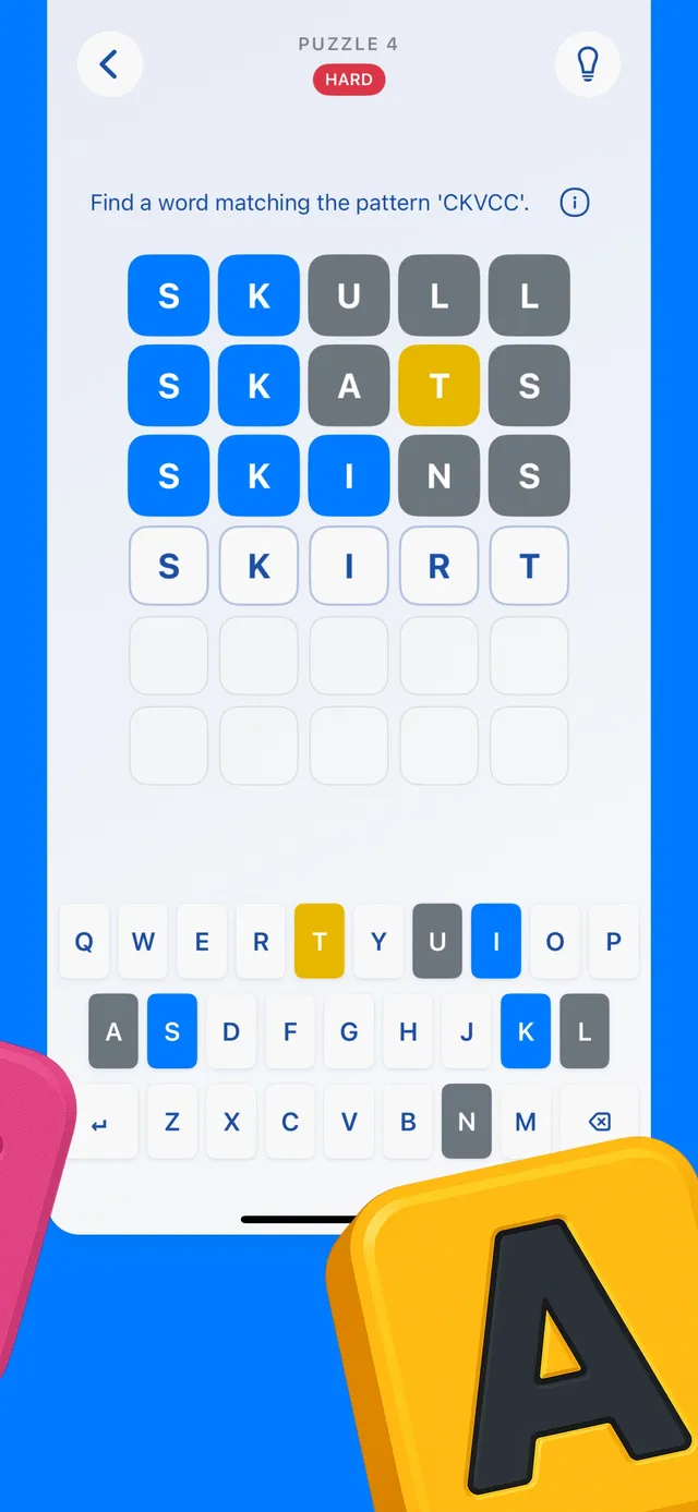 Zestle puzzle 4 of the day (Hard): find a word matching the pattern CKVCC; guesses SKULL, SKATS and SKINS marked in blue, yellow and grey, with SKIRT being typed on the keyboard