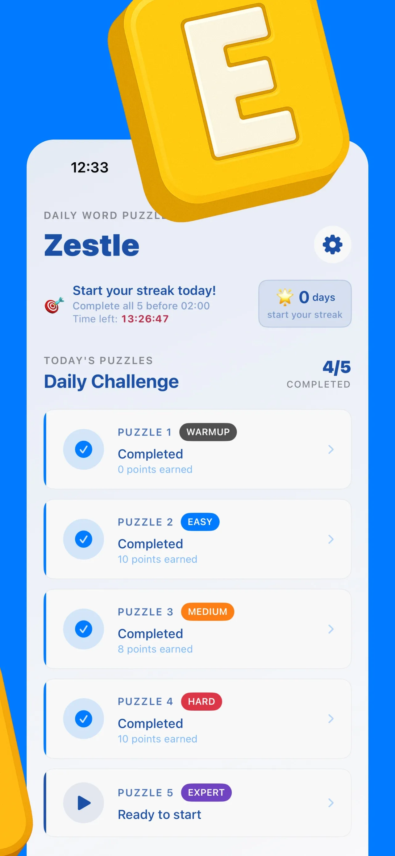 Zestle home screen listing today's five puzzles from Warmup to Expert, with a streak counter and a countdown