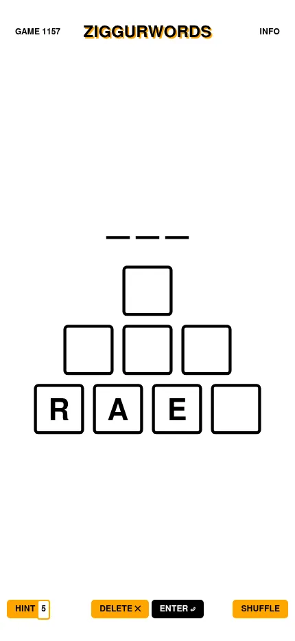 Ziggurwords game 1157 at phone size: three blank spaces above the start tiles R, A and E at the base of an empty tile pyramid