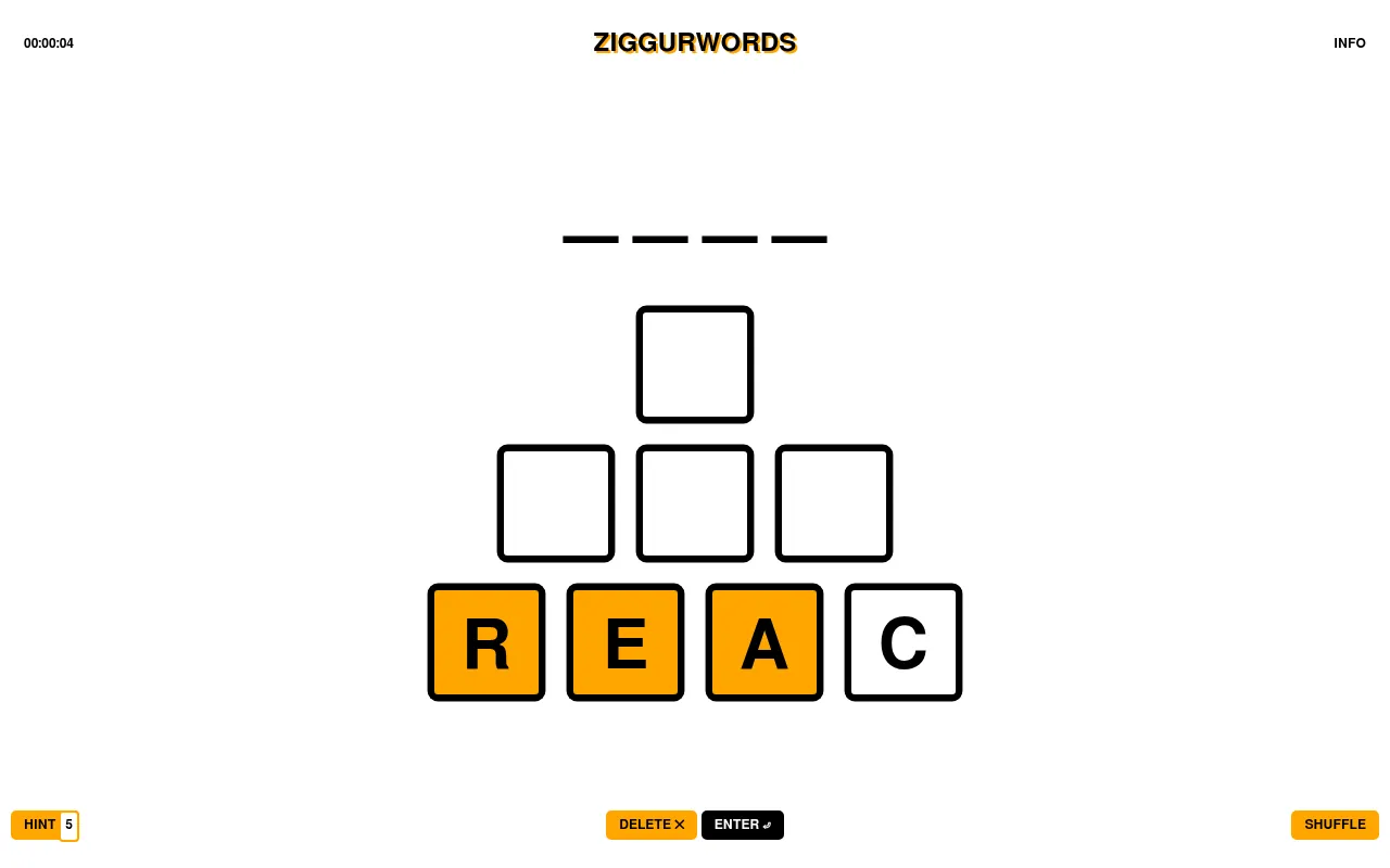 Ziggurwords game 1157 on a desktop: the first word solved, four blank spaces for the next word above a ziggurat of tiles with R, E and A filled and C added, and Hint, Delete, Enter and Shuffle buttons