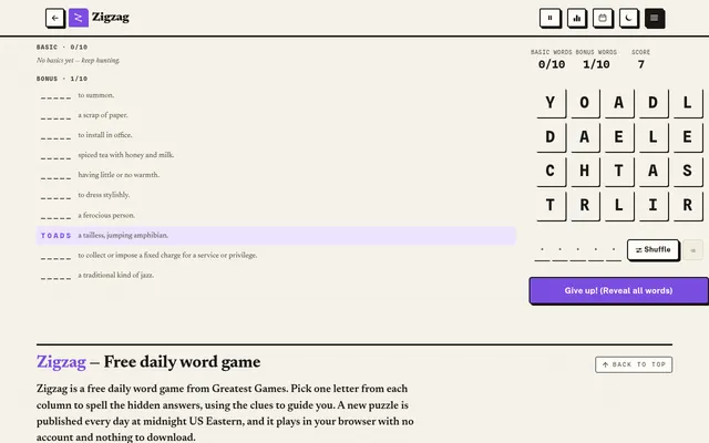Zigzag on Greatest Games at desktop size: the day's grid of five letter columns, with TOADS found for the bonus clue 'a tailless, jumping amphibian' and a score of 7