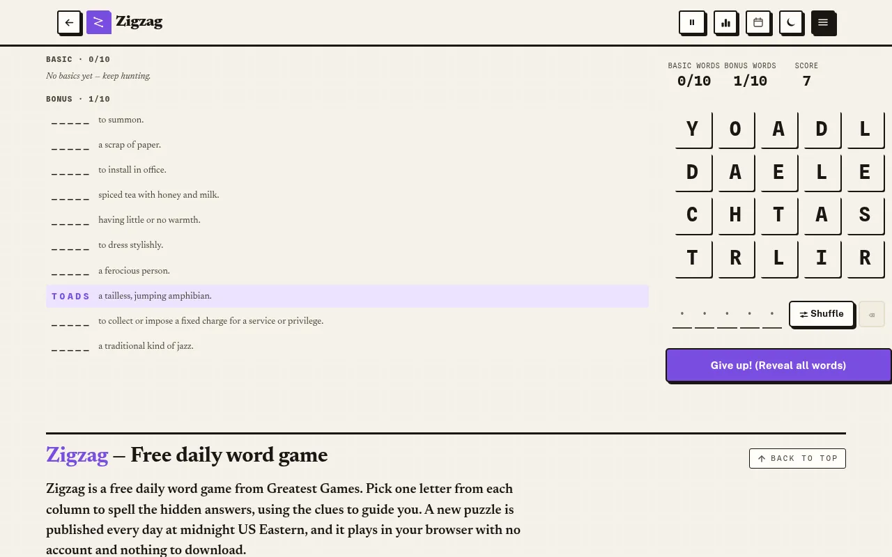 Zigzag on Greatest Games at desktop size: the day's grid of five letter columns, with TOADS found for the bonus clue 'a tailless, jumping amphibian' and a score of 7