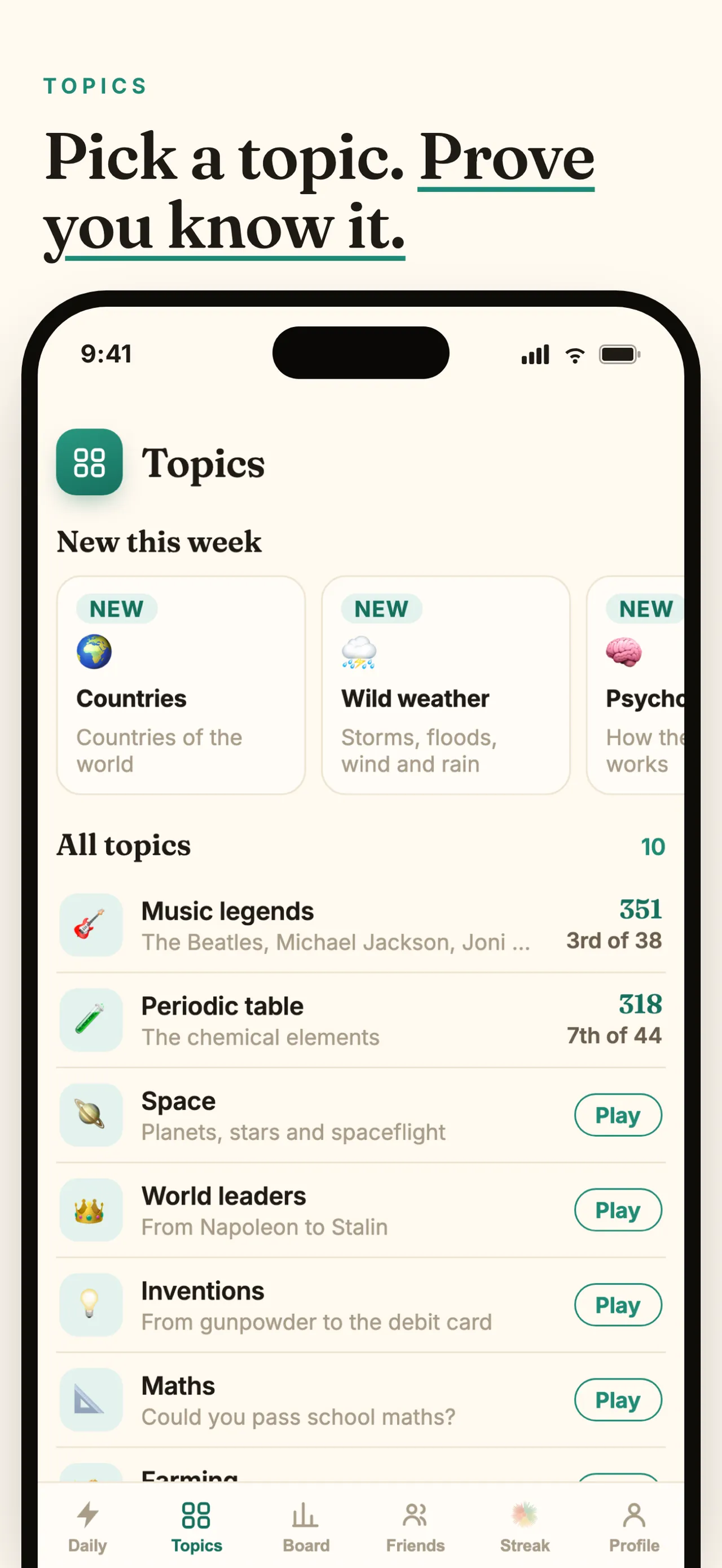 Zip Blitz's Topics screen listing quizzes such as Music legends, Periodic table, Space and World leaders
