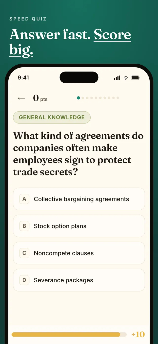 A Zip Blitz general knowledge question about agreements that protect trade secrets, with four answers and a timer bar