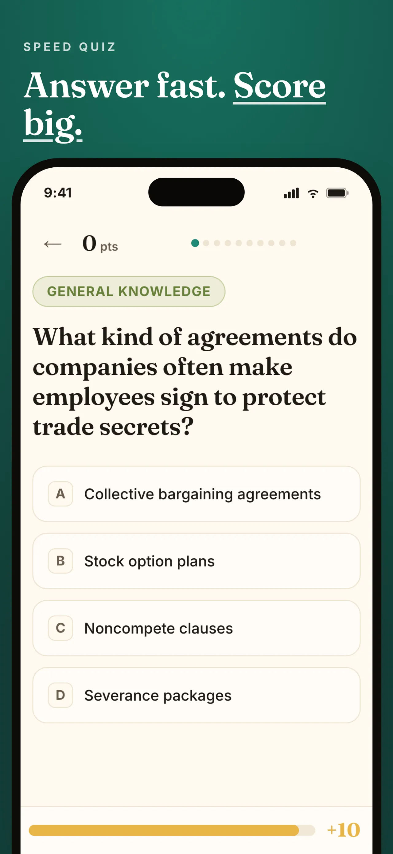 A Zip Blitz general knowledge question about agreements that protect trade secrets, with four answers and a timer bar