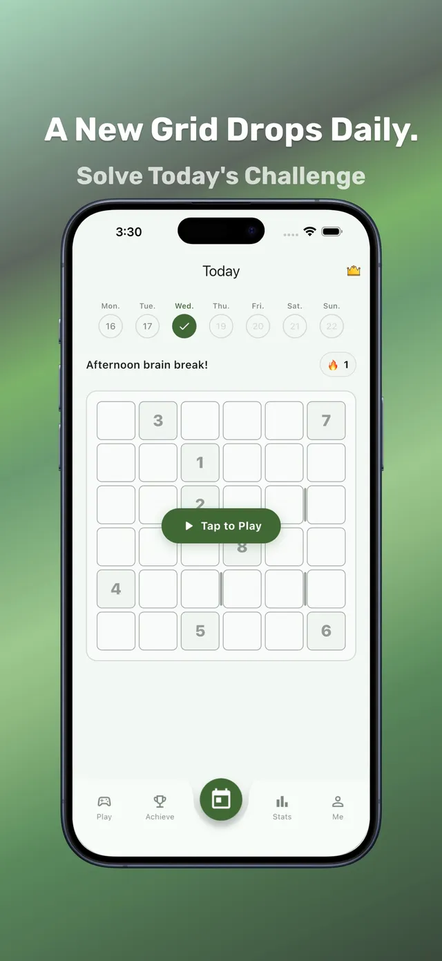 Zip Puzzle's Today screen with a week of days and the day's 6x6 numbered grid ready to play