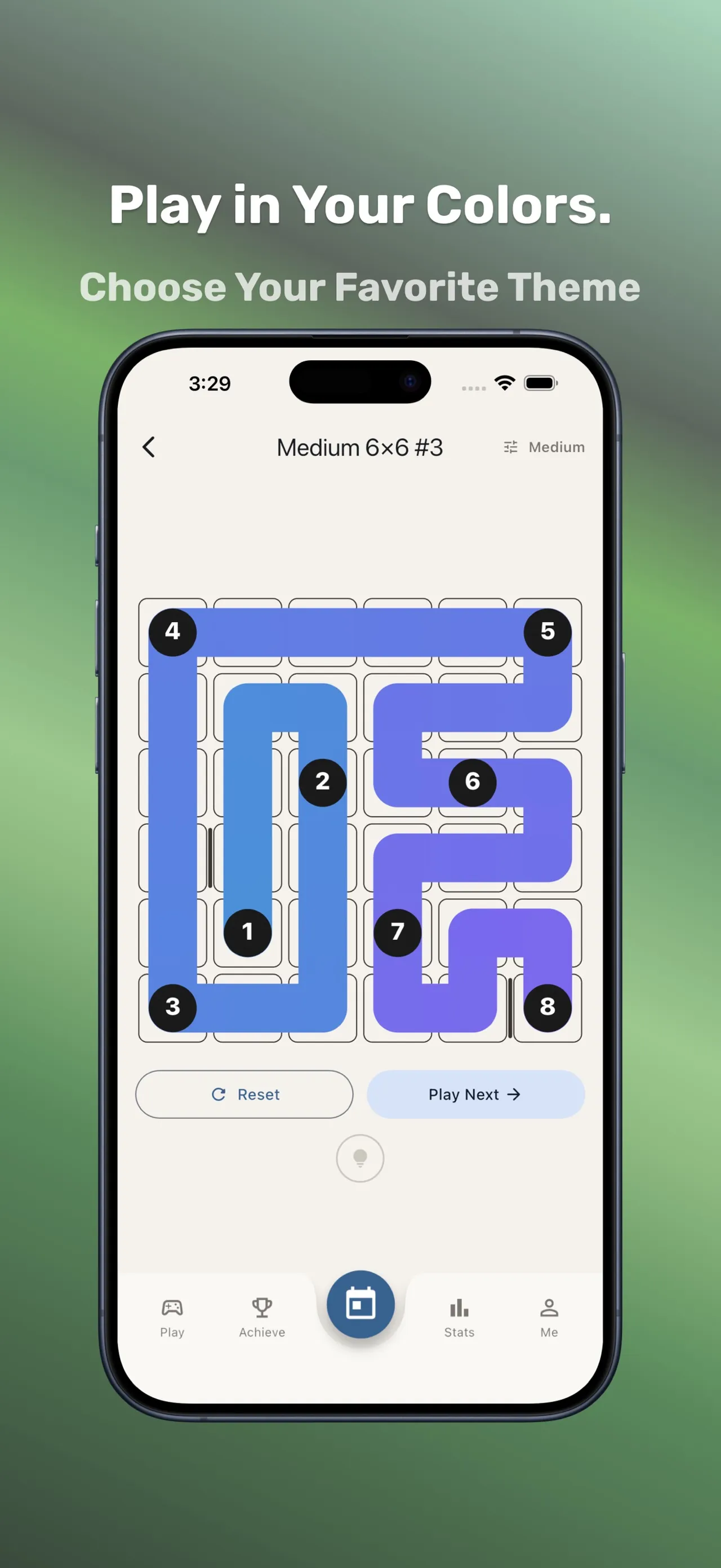 A Zip Puzzle grid solved with a blue path through every cell and the numbers in order