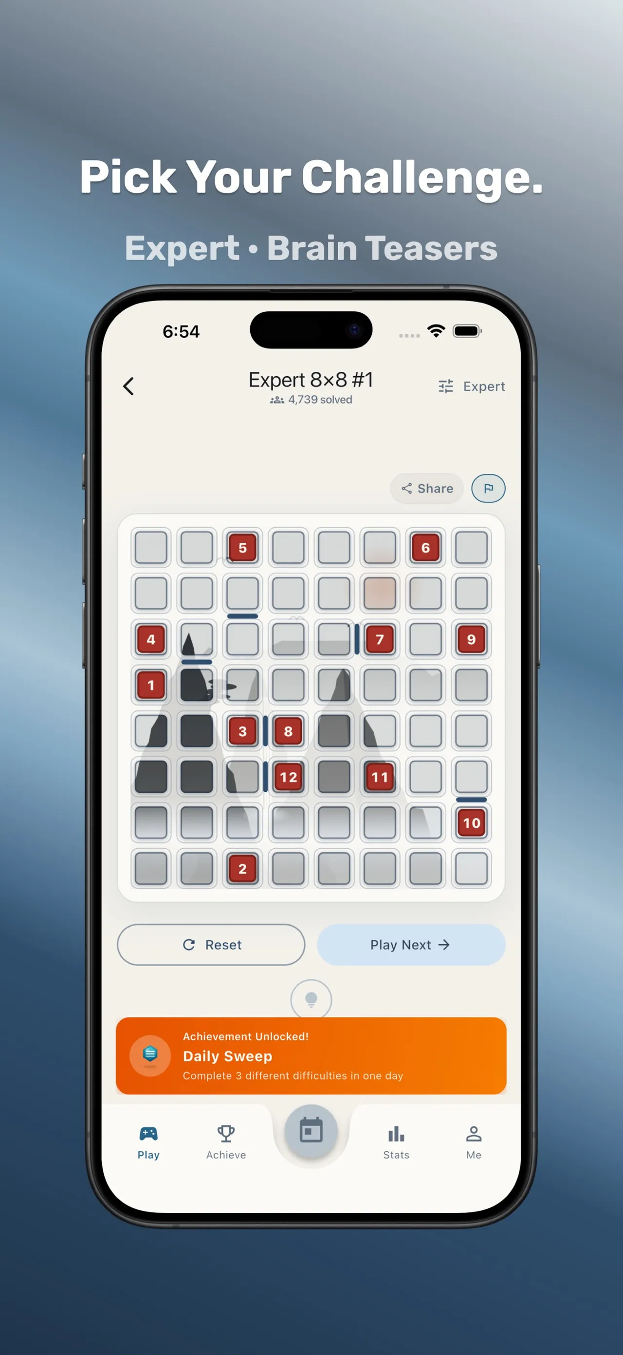 Zipline's Expert 8x8 grid number 1 with hint, reset and share buttons