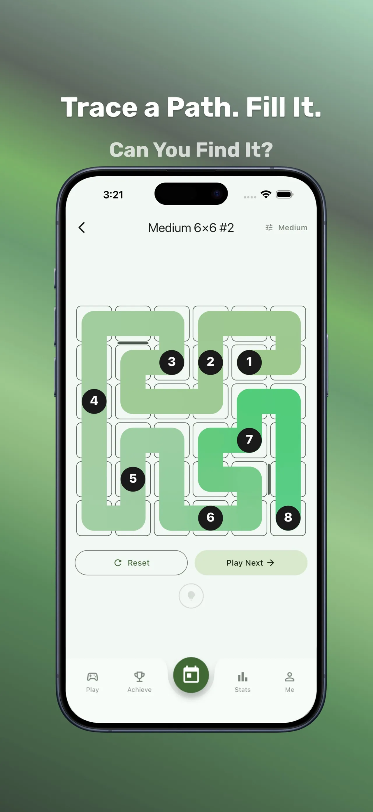 A solved Zip Puzzle 6x6 grid: one green path winds through every cell, passing the numbers 1 to 8