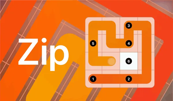 Zip art: a small Zip grid with numbered cells 1 to 6 and an orange path winding through them in order, beside the word Zip