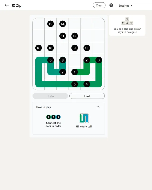A Zip board on LinkedIn in play: a 6 by 6 grid with numbers 1 to 16, a green line drawn from 1 through 8, and Undo and Hint buttons below
