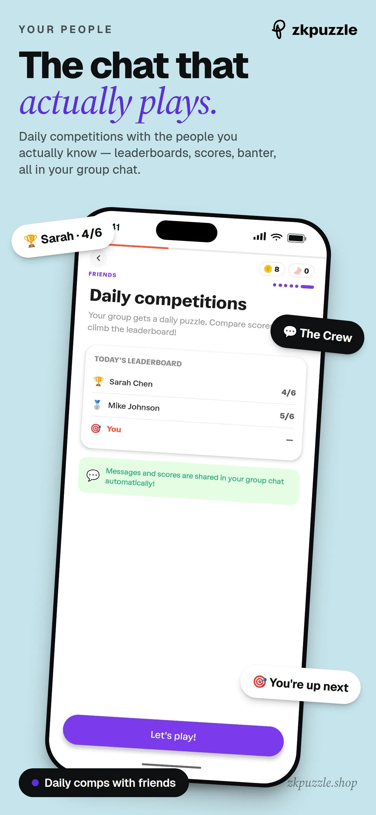 ZKPuzzle's daily competition: a group leaderboard of friends' scores for the day