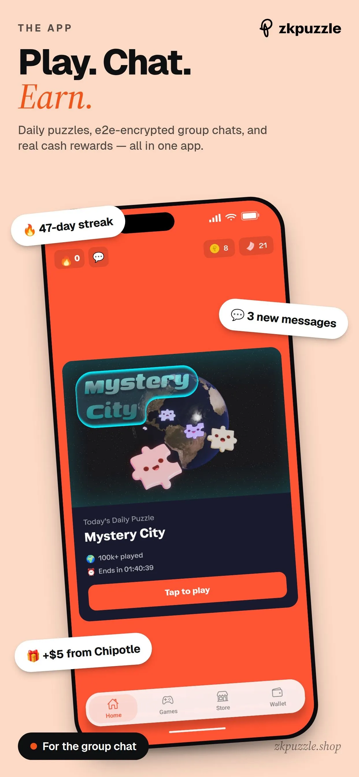 ZKPuzzle's home screen with the day's featured puzzle, Mystery City, and a 47-day streak