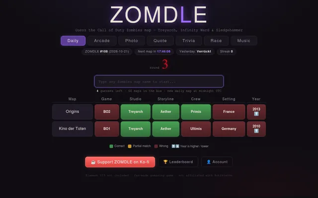 ZOMDLE #108 for 2026-10-21 after two guesses, Origins and Kino der Toten, with game, studio, storyline, crew, setting and year marked correct or wrong