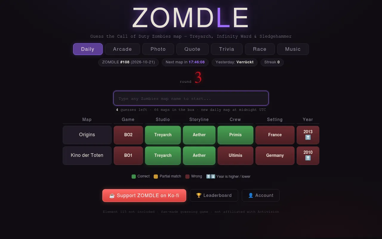 ZOMDLE #108 for 2026-10-21 after two guesses, Origins and Kino der Toten, with game, studio, storyline, crew, setting and year marked correct or wrong