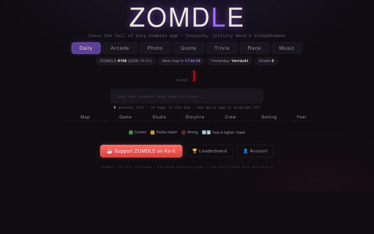 ZOMDLE daily page: mode tabs from Daily to Music, a Next map countdown, yesterday's map Verrückt and the map name box