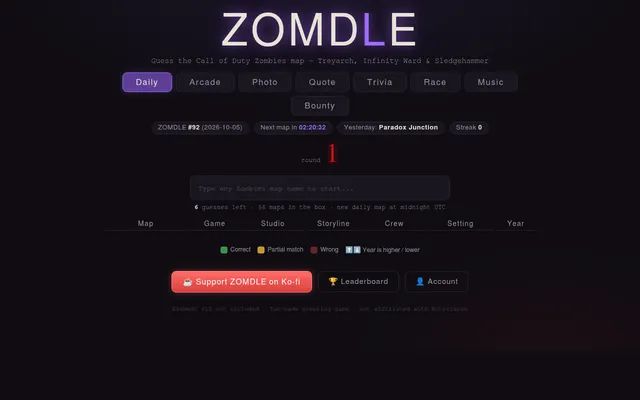 ZOMDLE #92 for 2026-10-05: mode tabs from Daily to Bounty, a Next map countdown, yesterday's map Paradox Junction, a map name box and columns for map, game, studio, storyline, crew, setting and year