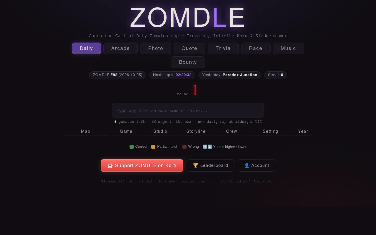 ZOMDLE #92 for 2026-10-05: mode tabs from Daily to Bounty, a Next map countdown, yesterday's map Paradox Junction, a map name box and columns for map, game, studio, storyline, crew, setting and year