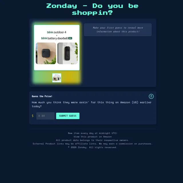 The Zonday page headed Do you be shoppin, showing the days Amazon product (a Blink outdoor camera and battery doorbell), a prompt to make a first guess to reveal more, a Guess the Price box with a dol