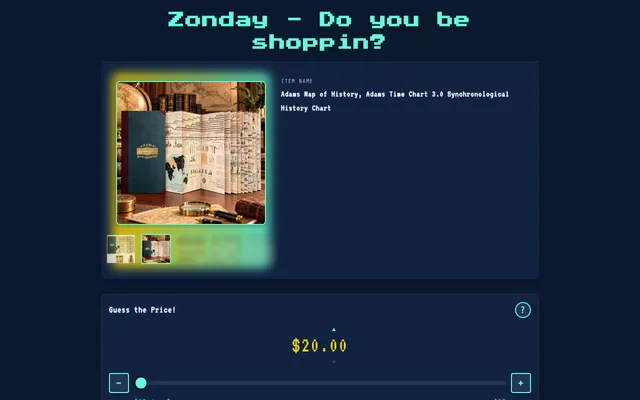 Zonday's board on 20 October 2026 at desktop size: the day's Amazon product, an Adams history time chart, with its photo gallery, name and the Guess the Price slider set at $20