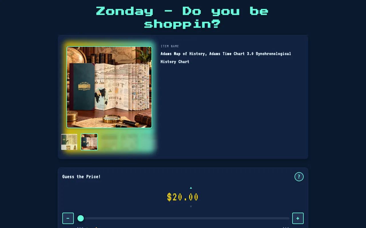 Zonday's board on 20 October 2026 at desktop size: the day's Amazon product, an Adams history time chart, with its photo gallery, name and the Guess the Price slider set at $20