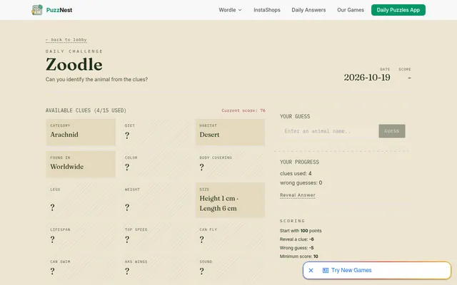 Zoodle daily challenge for 2026-10-19 on desktop: four of 15 clue cards revealed (Arachnid, Desert, Worldwide, 6 cm long), score 76 and the animal guess box