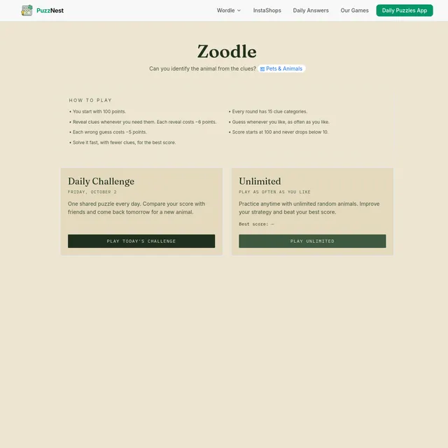 The Zoodle page on PuzzNest: a how-to-play box with the scoring rules (start at 100, clues cost 6, wrong guesses cost 5) above two cards, Daily Challenge for Friday, October 2, and Unlimited
