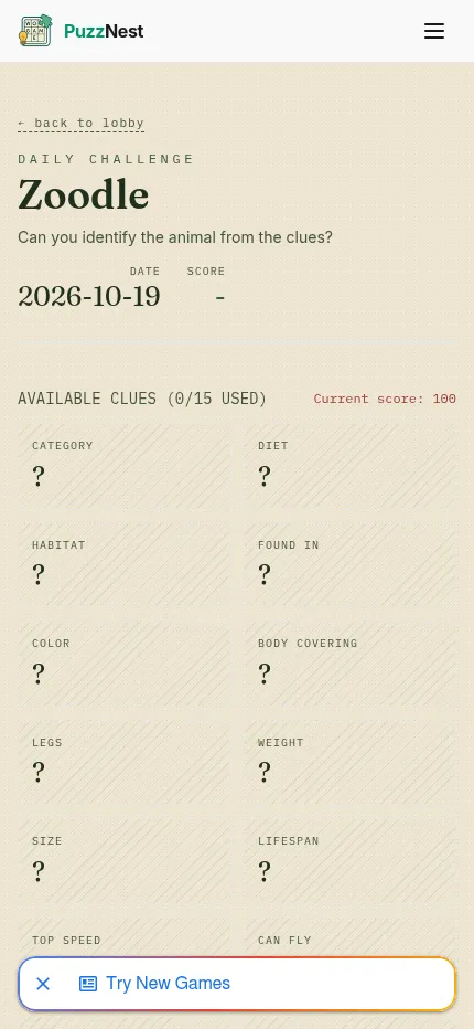 Zoodle daily challenge for 2026-10-19 at phone size: the date, score and a two-column grid of hidden clue cards such as category, diet, habitat and legs