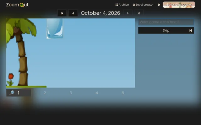 ZoomOut puzzle for October 4, 2026: a zoomed-in crop of a video game scene with a palm tree and blue sky, a box asking what game it is from, a Skip button and zoom steps 1 to 5