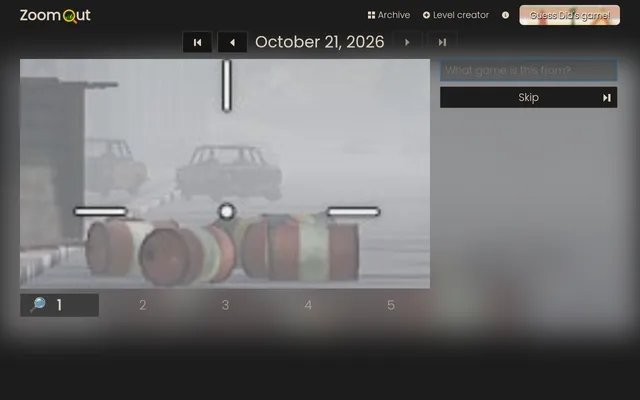 ZoomOut puzzle for October 21, 2026 at its first zoom step: a foggy close-up with old cars and rusty barrels, a box asking what game it is from, a Skip button and steps 1 to 5
