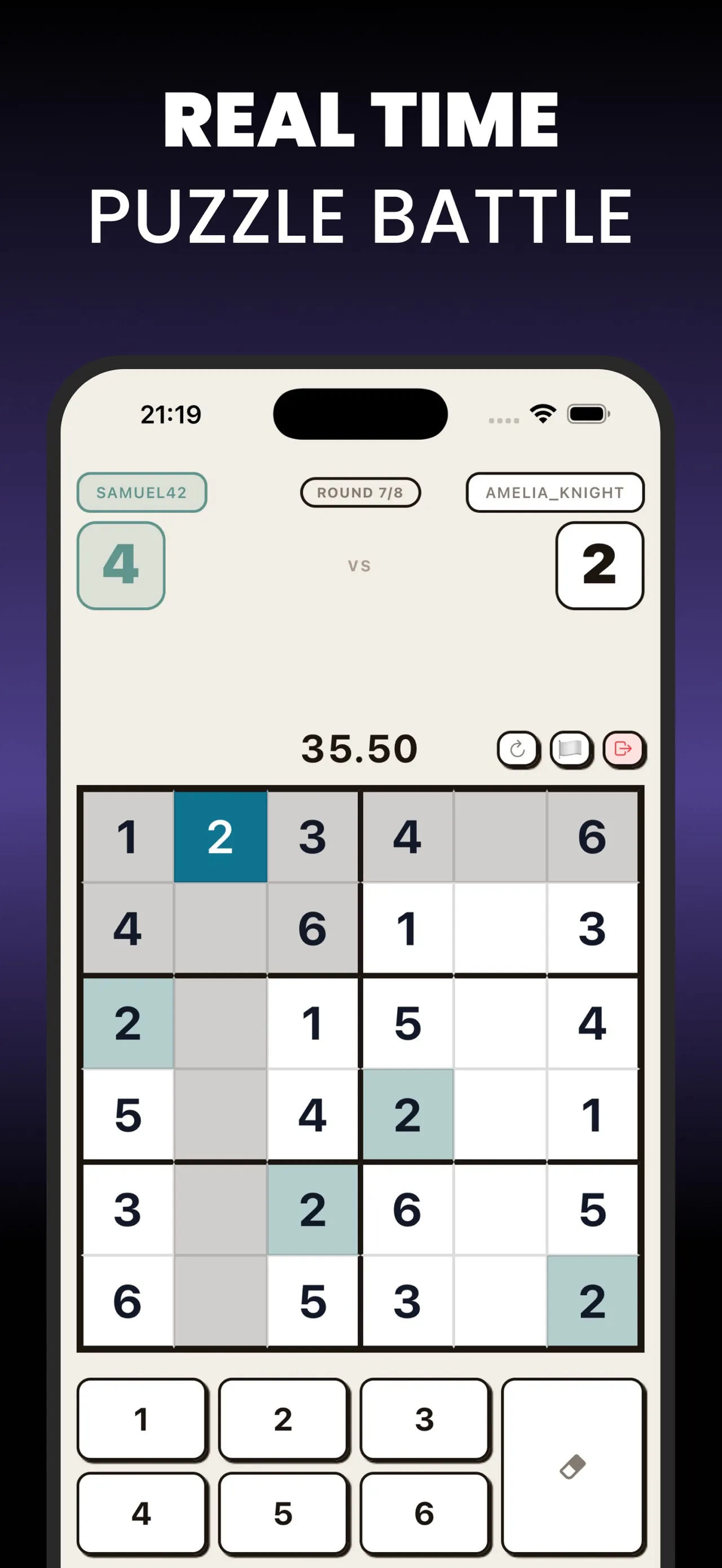 Zupple Battle mode: two players at 4 to 2 in round 7 of 8, racing to fill a 6x6 Sudoku with a number pad, under Real time puzzle battle.