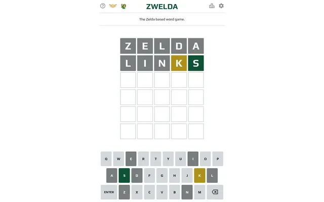 A Zwelda board in play: guesses ZELDA and LINKS with grey, yellow and green tiles above the on-screen keyboard