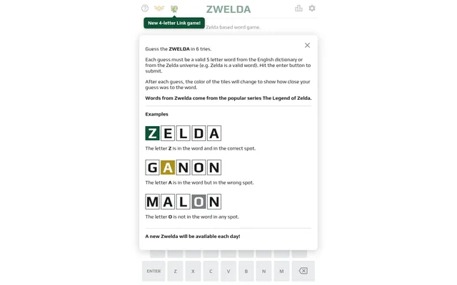 Zwelda's how-to-play card: Guess the ZWELDA in 6 tries, with example rows ZELDA, GANON and MALON showing correct, misplaced and absent letters