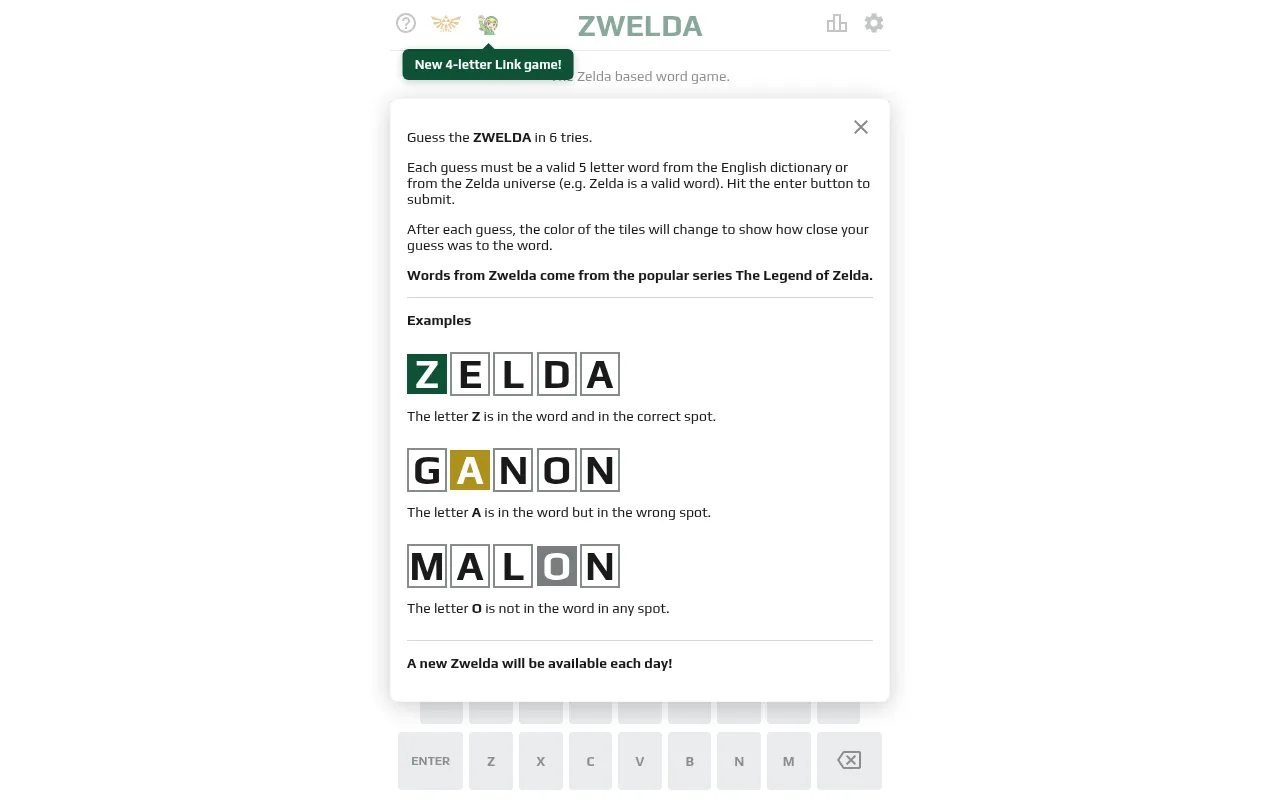 Zwelda's how-to-play card: Guess the ZWELDA in 6 tries, with example rows ZELDA, GANON and MALON showing correct, misplaced and absent letters