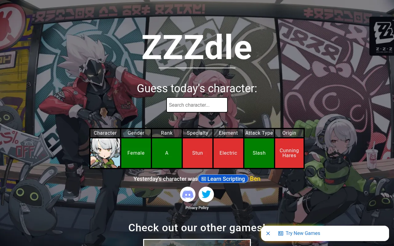 ZZZdle's clue grid after one guess, Anby, with Gender, Rank and Attack Type cells green and Specialty, Element and Origin red