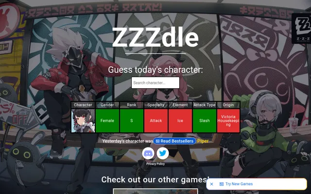 ZZZdle's clue grid after guessing Ellen: Gender, Rank and Attack Type green, Specialty, Element and Origin red