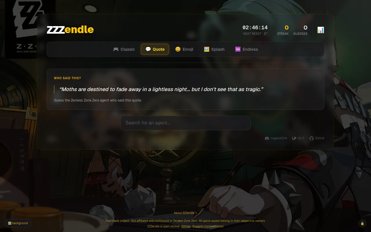 ZZZendle's Quote mode asking which Zenless Zone Zero agent said a voice line