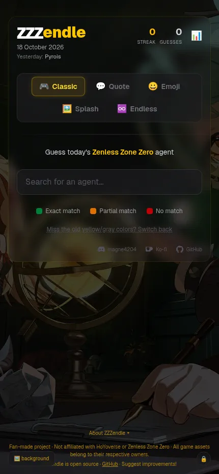ZZZendle at phone size: the Classic mode with its agent search box, mode tabs, streak and guess counters